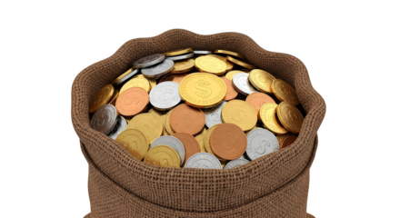 A burlap sack filled with gold and silver coins galore    .ai generative, transparent background, white background. isolated on white background, png, jpeg, jpg.