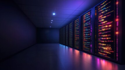 Neon Lights Illuminate Server Room: A Technological Symphony