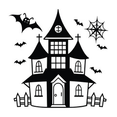 Black and white cartoon haunted house with bats and spiderweb halloween spooky