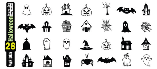 Black Halloween Icons Set Featuring Ghosts Pumpkins Bats Haunted Houses and More