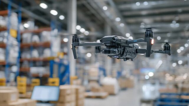 Autonomous drone utilizes infrared and 3D scanning to inspect high shelves and equipment in a tech-driven automated warehouse.