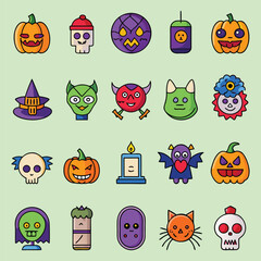 Collection of cartoon Halloween characters and symbols on light green background