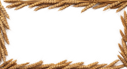 Wheat stalks border with golden grains arranged neatly creating a rustic frame cutout isolated on transparent bg, cutout png