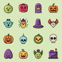 Collection of cute cartoon Halloween icons with pumpkins ghosts bats and skulls vector