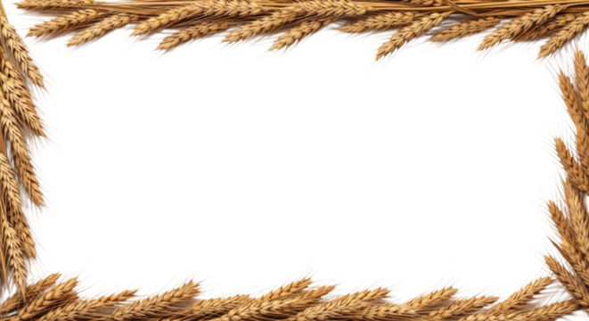 Wheat stalks border with golden grains arranged neatly creating a rustic frame cutout isolated on transparent bg, cutout png