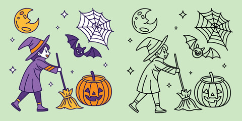 Cute Halloween Witch Bat Moon Spiderweb Pumpkin Broomstick Icons vector
