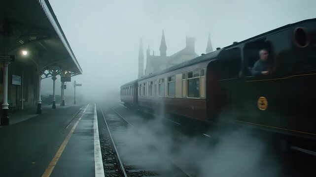 Steam train departs foggy station platform
