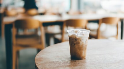An iced coffee drink served in a clear plastic cup on the coffee table. Refreshing cold drinks, creamy iced coffee, caf&eacute; setting, summer drinks, and casual caf&eacute; moment concepts.