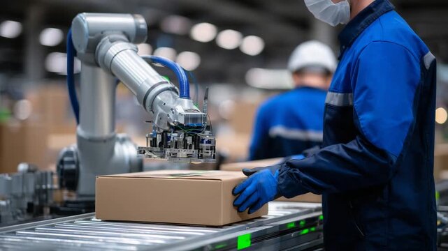 The 201Flexible cobot arm efficiently packages fragile glass items alongside human workers in an eco-friendly, clean packing facility.