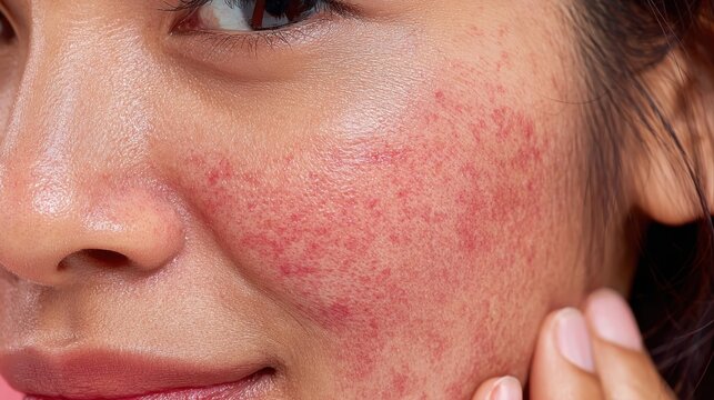 Facial close up revealing rosacea symptoms, displaying reddened skin and inflammation characteristic of sensitive complexion disorder