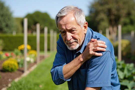 Senior man experiences sudden shoulder pain while in his garden. Pained expression shows discomfort from joint injury, arthritis, or muscle ache in older age