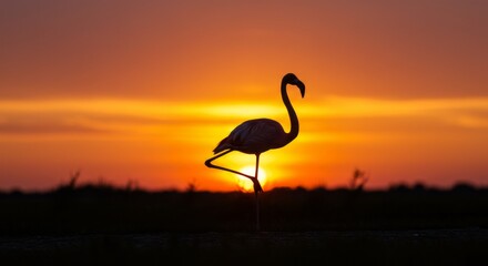 Fototapeta premium Silhouette of a flamingo standing on one leg against a vibrant sunset sky