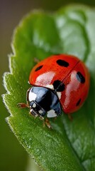 Ladybug traversing lush green leaf surface, revealing delicate patterns and vibrant textures of miniature garden ecosystem