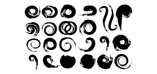A collection of abstract hand painted spiral and swirl brush strokes in black ink style. Ideal for grunge textures, posters.