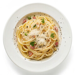Realistic photo of creamy spaghetti carbonara with bacon and parmesan cheese