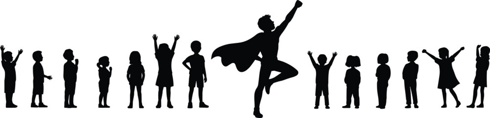 Silhouettes of children, superhero pose, cape, group of kids, black vector, leadership, imagination, childhood, isolated, graphic art