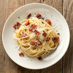 Realistic photo of creamy spaghetti carbonara with bacon and parmesan cheese