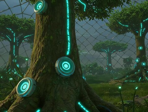 Futuristic forest scene with glowing trees and tech elements in a serene environment