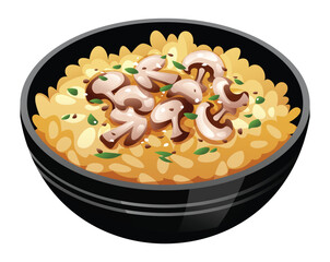 Delicious Italian risotto with fresh mushrooms and grated parmesan cheese in a black bowl. Vector cartoon illustration