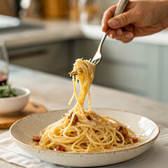 Realistic photo of creamy spaghetti carbonara with bacon and parmesan cheese