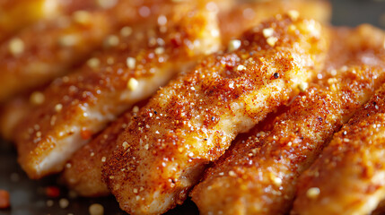 Deliciously seasoned crispy chicken strips ready to be served, perfect for a hearty meal or snack.