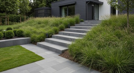 Modern house entrance with stone steps and lush landscaping
