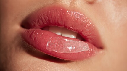 Fototapeta premium Close up of woman wearing transparent lip plumping mask, revealing skincare process with focus on enhancing lip fullness and smooth cosmetic treatment