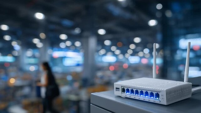 Industrial IoT gateway device with blue status lights connects multiple sensors to the cloud in a dimly lit data hub.