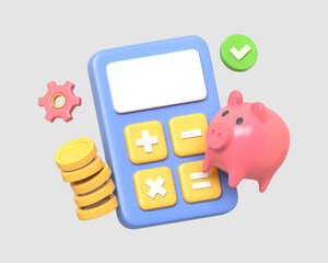 3D illustration of a calculator, a pink piggy bank, and gold coins, symbolizing savings, budgeting, and personal finance.3d render icon in cartoon style