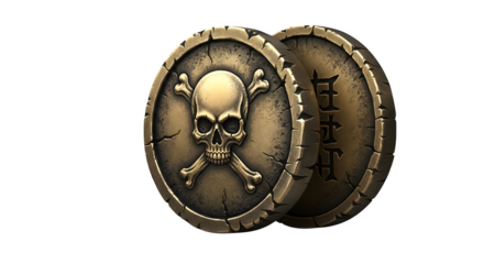 Two pirate coins with skull and crossbones symbols    .ai generative, transparent background, white background. isolated on white background, png, jpeg, jpg.