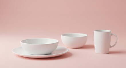 Fototapeta premium Minimalist arrangement of white ceramic dishes on a soft pink background
