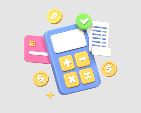 3D illustration of a blue calculator, a receipt, gold coins, and a credit card, symbolizing expense tracking and budgeting.3d render icon in cartoon style