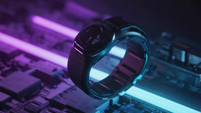 Futuristic watch hovering over circuit board