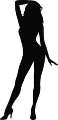 Stylized silhouette, dramatic pose, high heels, fashion model, elegant stance, artistic figure, isolated design, bold outline, female form, gesture