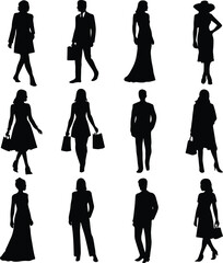 Fashion Silhouettes Vector Set – Stylish Men and Women in Formal and Casual Outfits – Black Fashion Figure Silhouettes for Shopping, Modeling, Business, Elegant Dresses, and Suit Designs – Perfect for