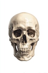 Close up front view of a realistic human skull with sharp canine teeth and dark eye sockets on a white background