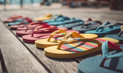Fototapeta premium Colorful flip flops lined up on a wooden deck, summer vacation concept