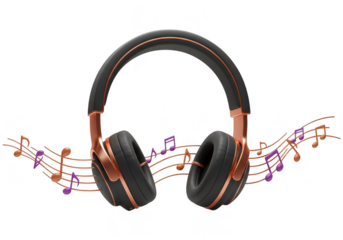 Photo of a pair of stylish copper and black wireless headphones with musical notes floating around, isolated on transparent background