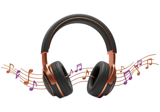 Photo of a pair of stylish copper and black wireless headphones with musical notes floating around, isolated on transparent background