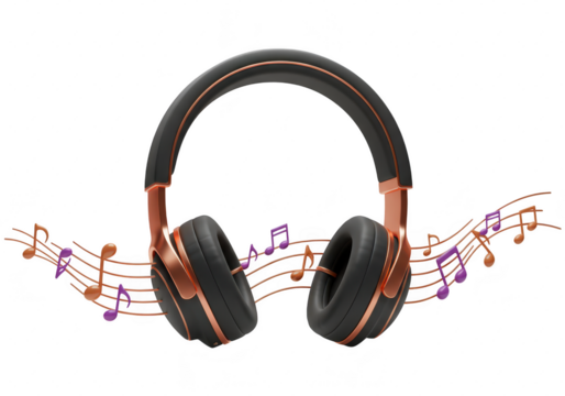 Photo of a pair of stylish copper and black wireless headphones with musical notes floating around, isolated on transparent background