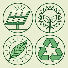 Collection of four circular icons representing renewable energy sustainability and environmental protection concepts