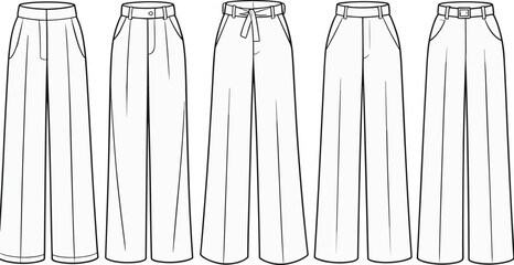 Wide-Leg Trousers CAD Template High Waist Pants Flat Sketch with Belt Variations, Technical Fashion Drawing for Design Presentation