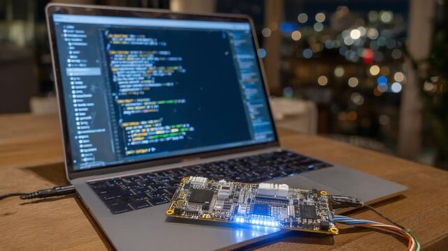 A detailed view of a DIY circuit board with blinking LEDs, connected to a laptop running coding software.