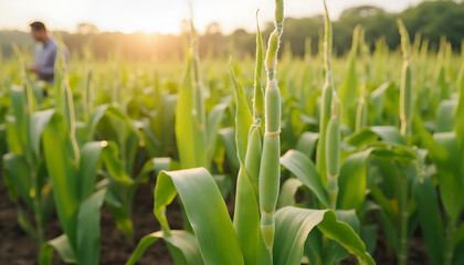 Healthy Corn Field with Green Crops and Farmer in Background