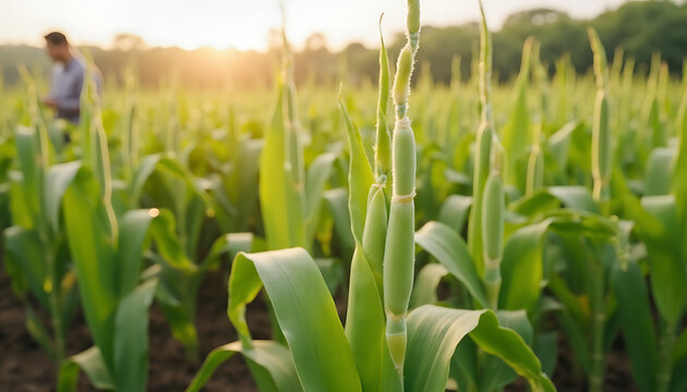 Healthy Corn Field with Green Crops and Farmer in Background