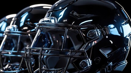 Obraz premium Three black football helmets lined up and gleaming under stadium lights, depicted in a sharp and intense sports photography style