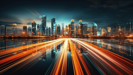 Fototapeta premium Long exposure of evening rush hour with cars racing in and out of Downtown. The light trails on the modern building background