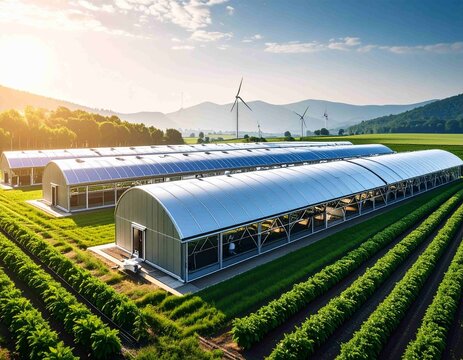 An aerial view of a modern greenhouse with solar panels on the roof, surrounded by vast green agricultural fields. In the background, wind turbines are visible amidst the lush hilly landscape of the s