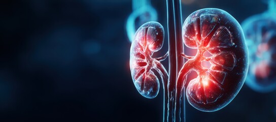 Close up of a glowing human kidney with intricate vascular network and internal structures highlighted in red and blue
