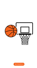 Basketball and Hoop Icon: Orange Ball with Black Outlines and Net